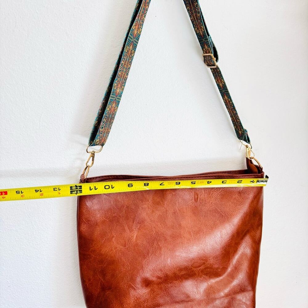 NEW FREE PEOPLE Brown Vegan Faux Leather Blue Strap Purse Tote Shoulder Bag - Picture 9 of 12